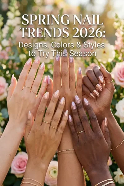Women’s hands with pastel and chrome manicure designs showcasing spring nail trends 2026 in a soft floral setting