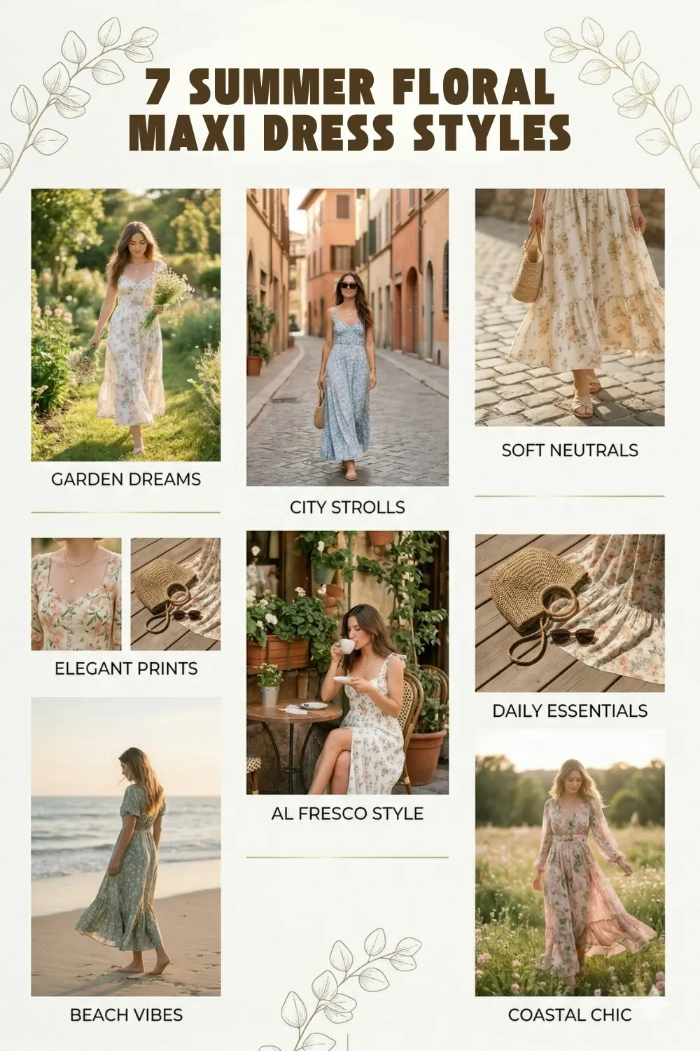 summer floral maxi dresses collage beach garden and city outfit inspiration for women