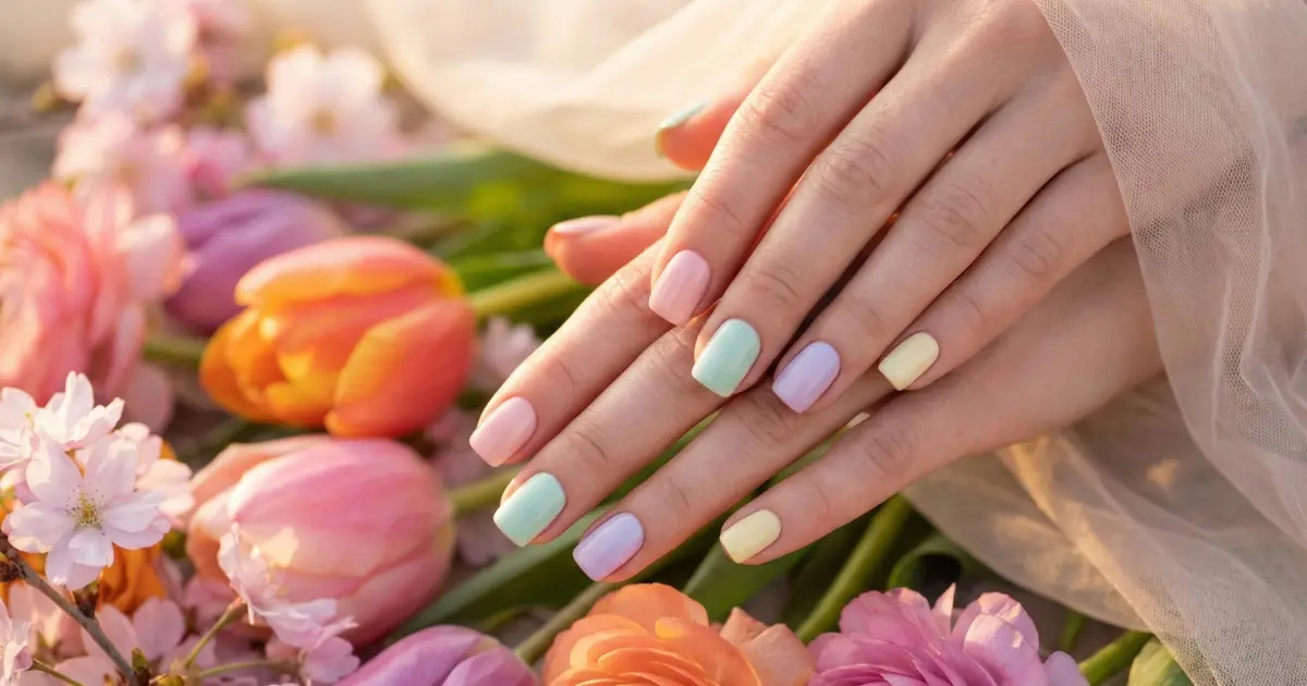 Close-up of stylish spring nails in soft pastel shades with glossy finish, photographed in natural light with a softly blurred floral background.