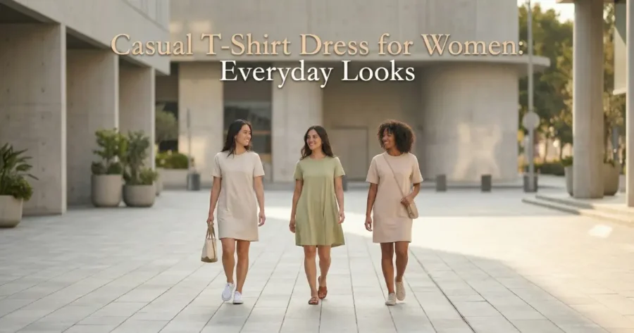 Short casual t-shirt dresses for women styled for everyday summer looks in wide hero banner