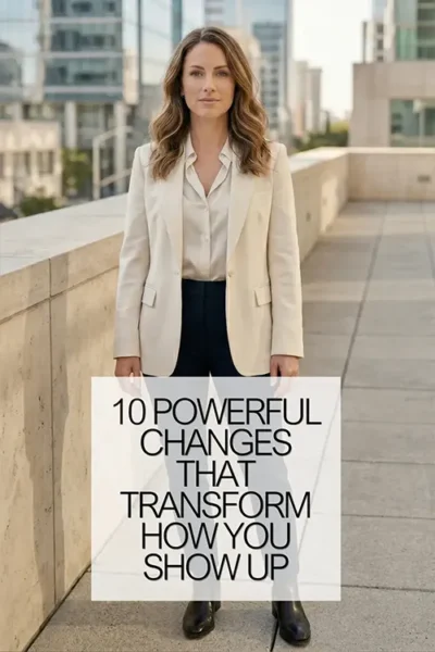 woman in neutral blazer outfit standing in city with text about confidence and personal transformation