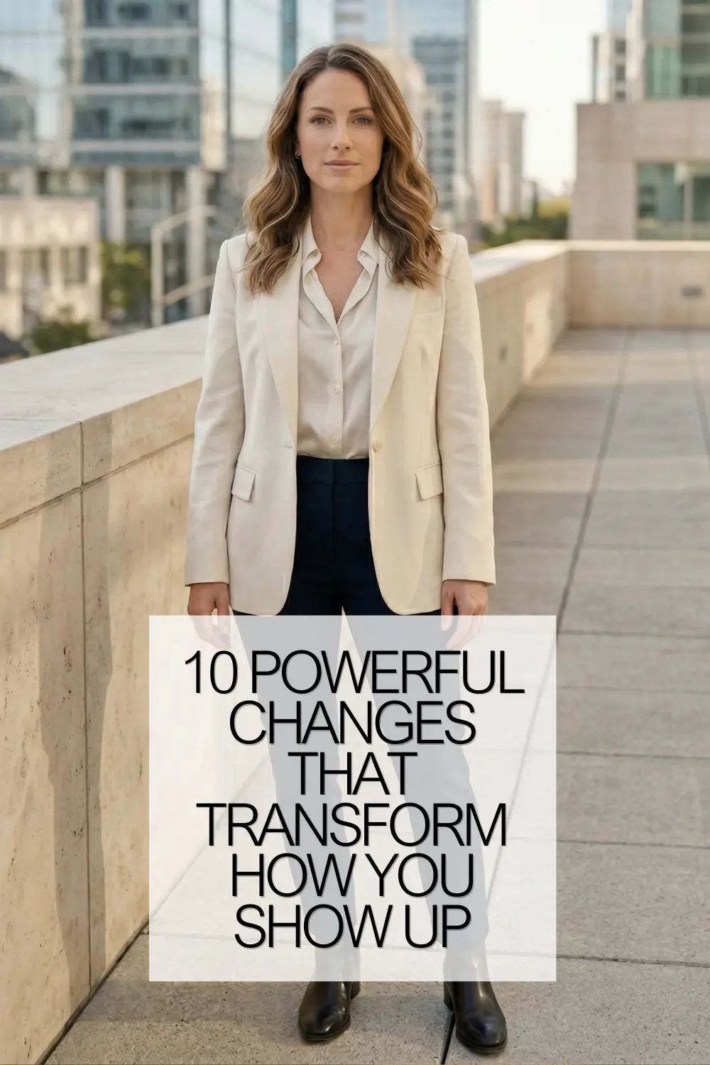 woman in neutral blazer outfit standing in city with text about confidence and personal transformation
