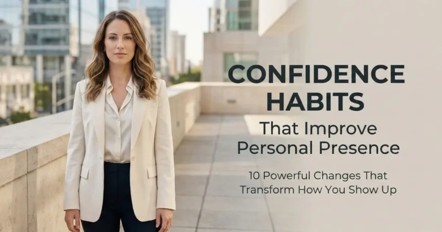 Blog cover showing confident woman with text Confidence Habits That Improve Personal Presence