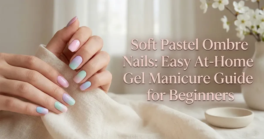 Close-up of glossy soft pastel ombre nails in pink, lavender, mint, and blue shades with blog title overlay about creating an at-home gel manicure.