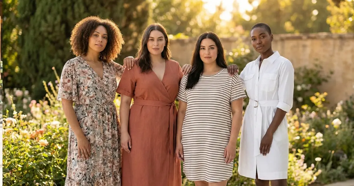 Four women standing indoors wearing different summer dress styles in a bright studio setting.