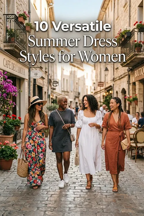 Women wearing versatile summer dress styles including floral maxi, t-shirt dress, white midi, and wrap dress on a sunny street