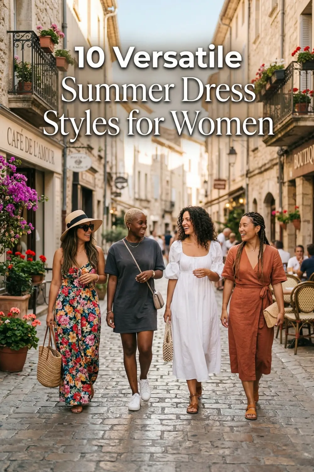 Women wearing versatile summer dress styles including floral maxi, t-shirt dress, white midi, and wrap dress on a sunny street
