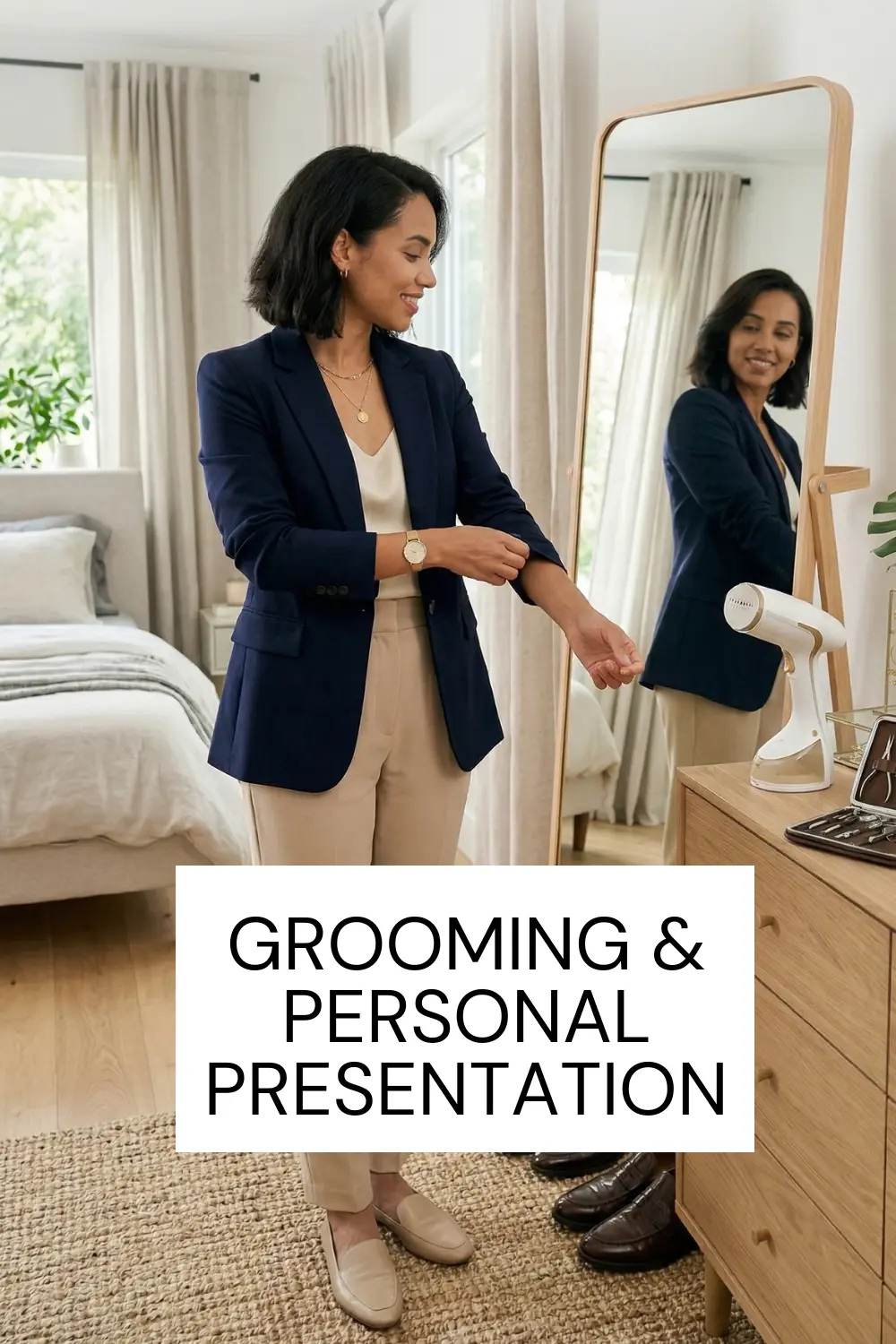 Woman preparing outfit in a bright bedroom with organized grooming tools representing personal presentation habits