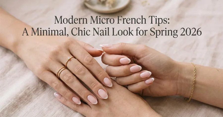 Modern micro French tips on short almond nails with thin white lines and milky pink base for Spring 2026