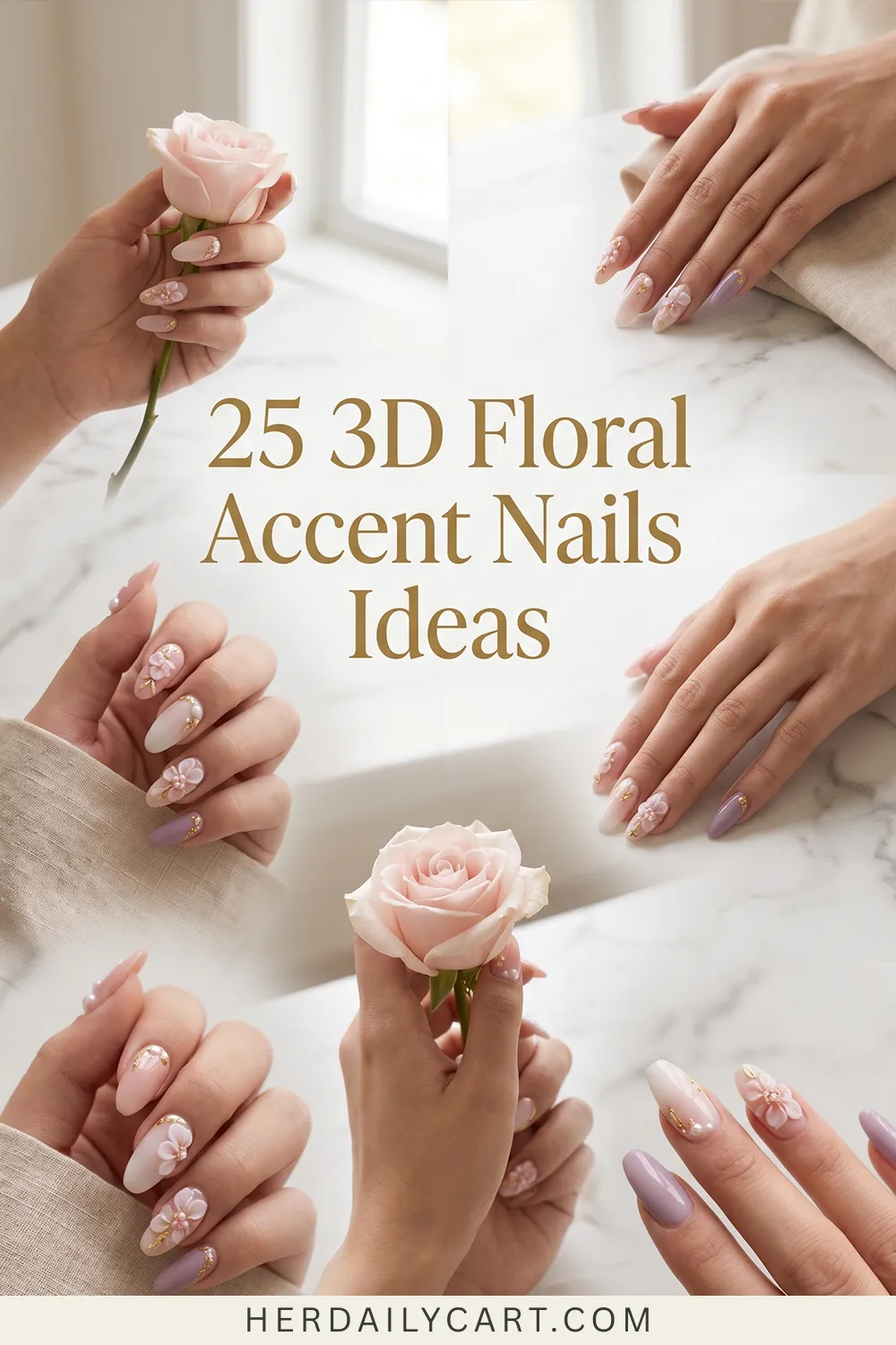 3D floral accent nail ideas featuring soft feminine manicure designs with blush pink, nude, and pastel nails decorated with delicate 3D flowers, pearls, and gold details