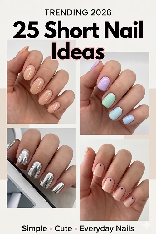25 short nail design ideas featuring nude, pastel, chrome, and minimalist dot nails for everyday style