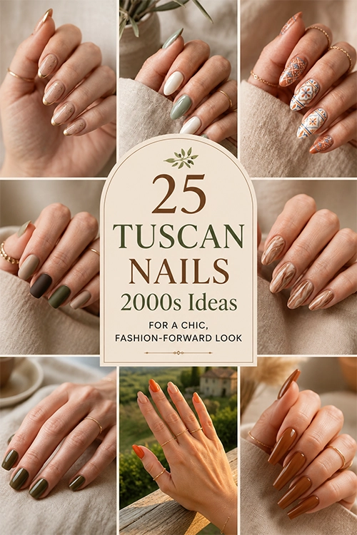 Collage of chic Tuscan nails 2000s ideas featuring earthy neutral, olive green, terracotta, marble, French tip, and glossy nail designs for a fashion-forward manicure.