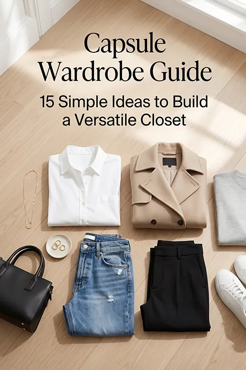 Capsule wardrobe guide showing neutral clothing pieces arranged in a minimal style with text overlay about building a versatile closet