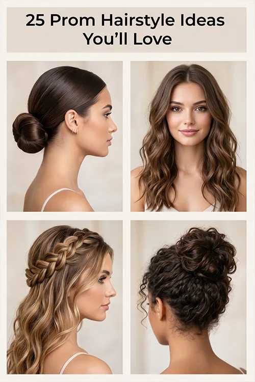 Feature image showing multiple prom hairstyle ideas including buns, waves, braids, and updos in a clean collage layout