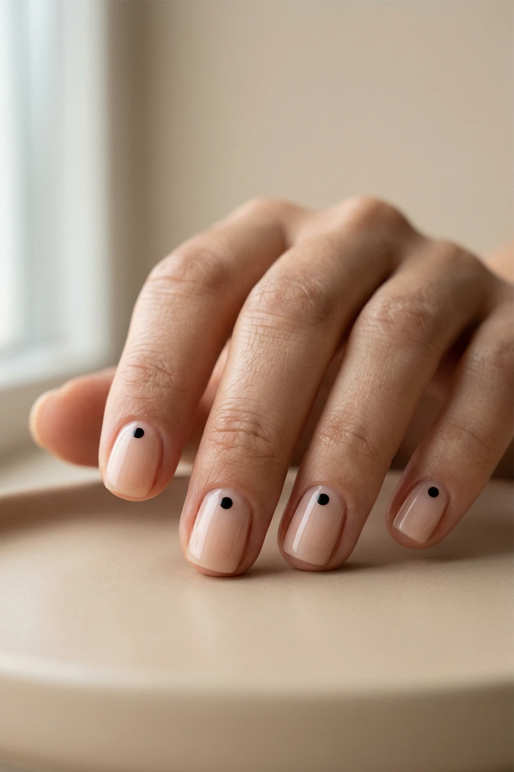minimal single dot nail design near cuticle on nude nails clean aesthetic manicure