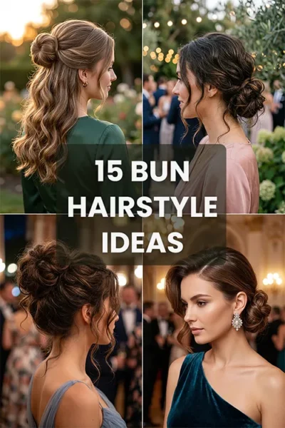 Collage of elegant bun hairstyle ideas for prom, weddings, parties, and formal events