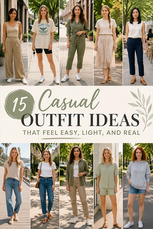 Collage of women wearing casual everyday outfits including jeans, dresses, jumpsuits, shorts, and relaxed separates for easy everyday style inspiration.