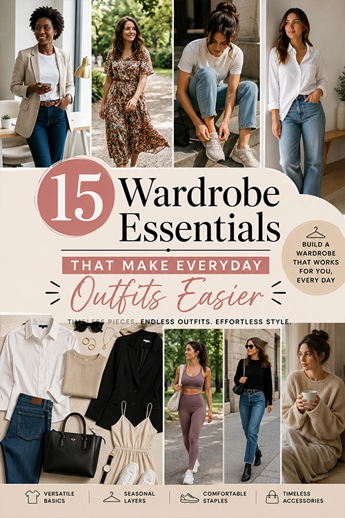Collage featuring 15 wardrobe essentials for women, including blue jeans, a white button-down shirt, blazer, midi dress, sneakers, knit sweater, and everyday outfit inspiration.
