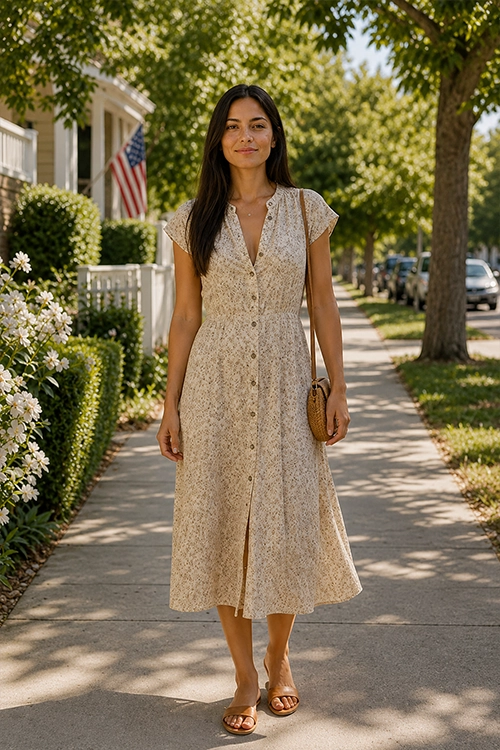 Woman wearing a beige floral button-front midi dress, brown slide sandals, and a woven crossbody bag for an effortless casual summer outfit.