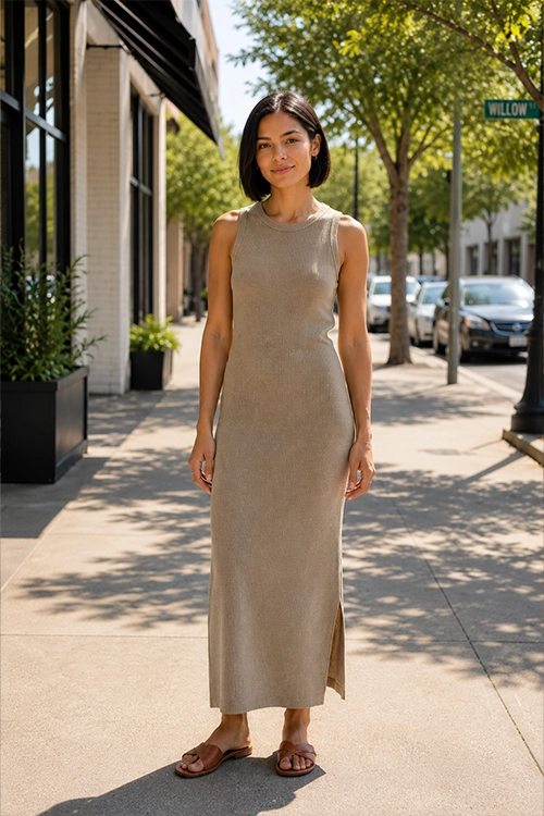 Woman wearing a beige ribbed tank top, beige wide-leg trousers, and white sneakers for a modern minimalist casual outfit.