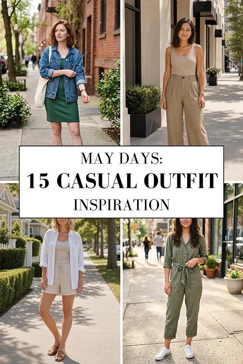 Three women wearing casual May outfits including jeans, linen shorts and midi skirt with text overlay outfit ideas