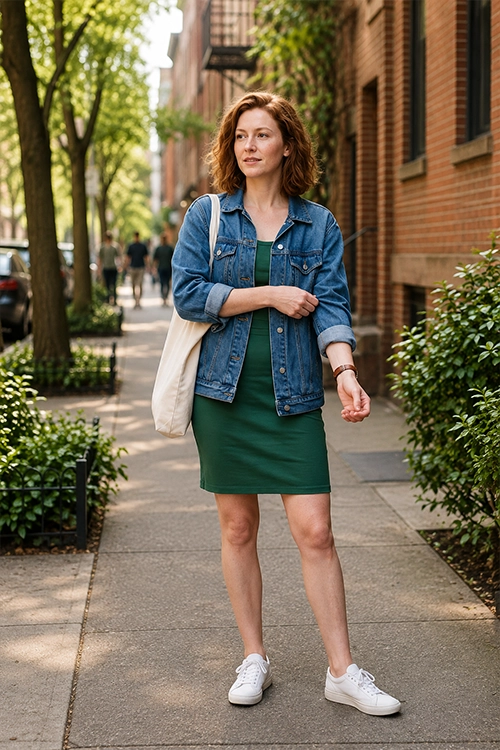 Woman wearing a green tank dress layered with a blue denim jacket, white sneakers, and a canvas tote bag for a stylish casual everyday outfit.