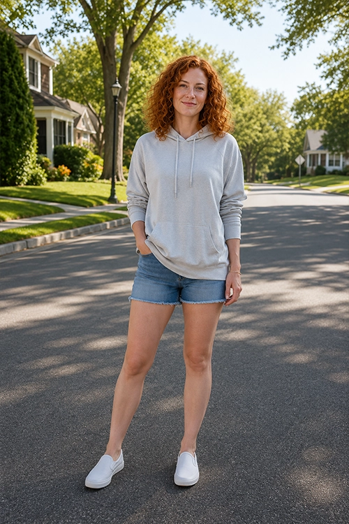 Woman wearing a light gray hoodie, denim shorts, and white slip-on sneakers for a comfortable casual weekend outfit.
