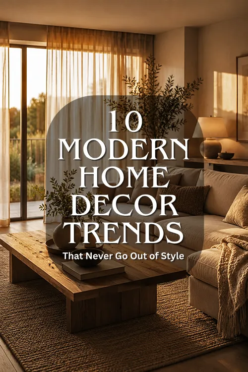 Warm modern living room with beige sofa, wooden coffee table, sheer curtains, and cozy neutral decor during golden hour lighting