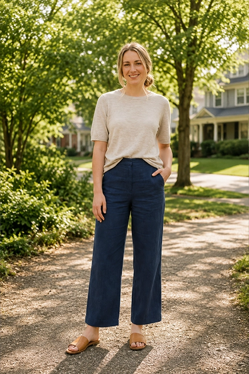 Woman wearing a neutral knit short-sleeve top, navy wide-leg pants, and brown slide sandals for an elegant casual everyday outfit.