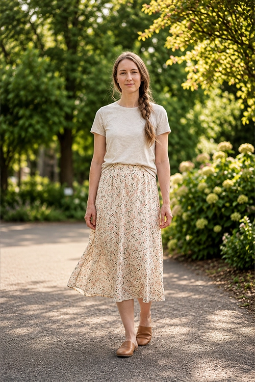 Woman wearing a neutral short-sleeve t-shirt, a floral midi skirt, and brown flat mules for a soft and feminine casual everyday outfit.