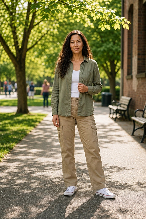 Woman wearing an olive green button-down shirt over a white tank top, beige cargo pants, and white canvas sneakers for a relaxed utility-inspired casual outfit.