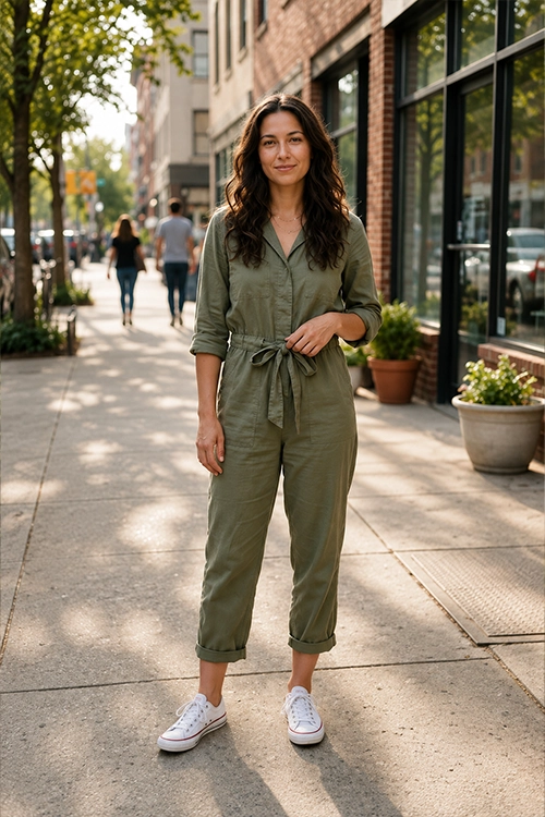Woman wearing an olive green belted jumpsuit with white canvas sneakers for an effortless one-piece casual everyday outfit.