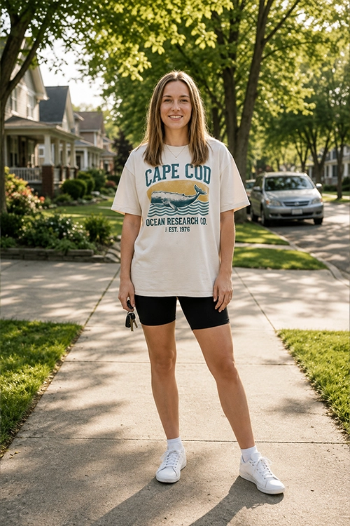 Woman wearing an oversized graphic t-shirt, black biker shorts, white sneakers, and crew socks for a comfortable casual everyday outfit.