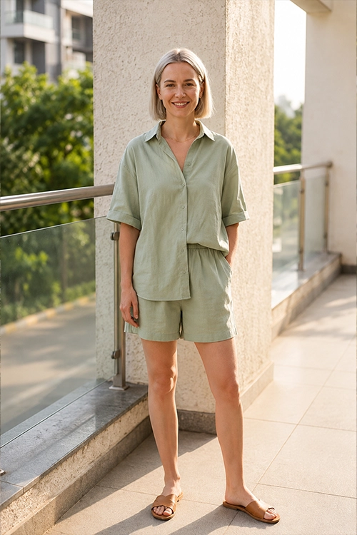 Woman wearing a sage green linen button-down shirt with matching shorts and brown slide sandals for a lightweight casual summer outfit.