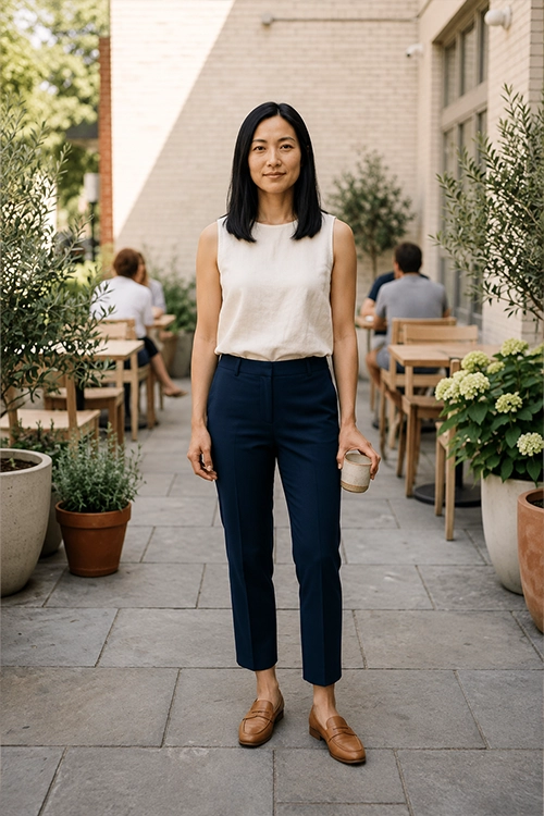 Woman wearing a sleeveless white blouse, navy ankle trousers, brown loafers, and holding a coffee cup for a polished smart casual everyday outfit.
