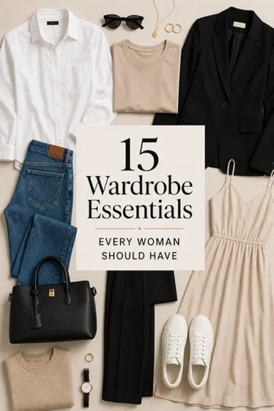 Flat lay of wardrobe essentials including white shirt, jeans, blazer, and neutral basics for women