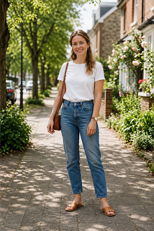 Woman wearing a white t-shirt, straight-leg blue jeans, brown slide sandals, and a tan crossbody bag for an effortless everyday casual outfit.