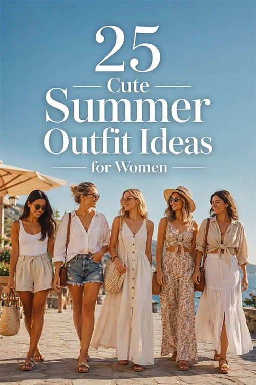 25 Cute Summer Outfit Ideas for Women featuring five women in stylish, casual summer outfits by the seaside.