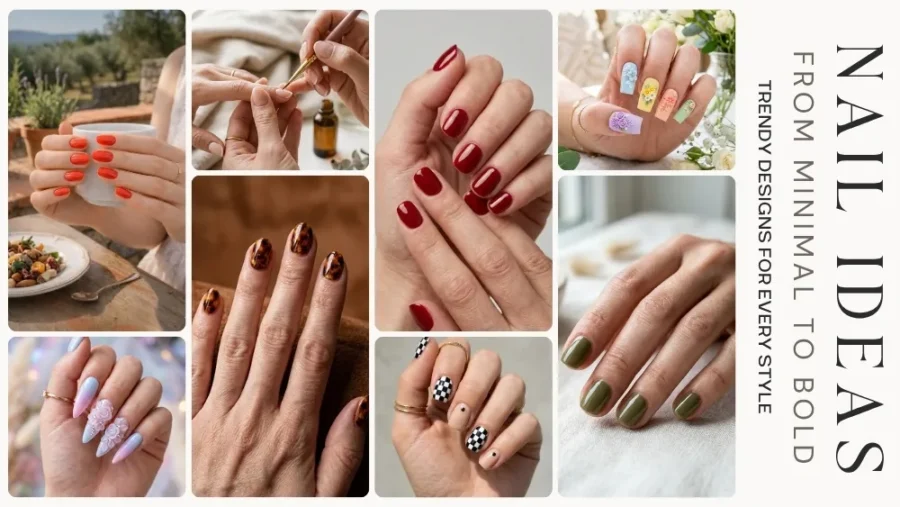 Collage of trendy nail designs featuring classic red nails, pastel nail art, tortoiseshell patterns, minimalist manicures, and stylish everyday nail inspiration with elegant typography reading "Nail Ideas."
