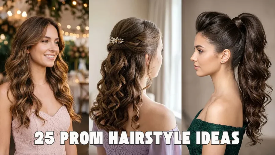 Prom hairstyle ideas featuring long wavy hair, half-up half-down curls, glamorous ponytail styles, and elegant formal hairstyles for prom, weddings, and special events.
