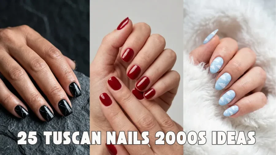 Tuscan nails 2000s ideas featuring black glossy nails, red manicure inspiration, pastel blue cloud nail art, trendy Y2K nail designs, and stylish manicure ideas.