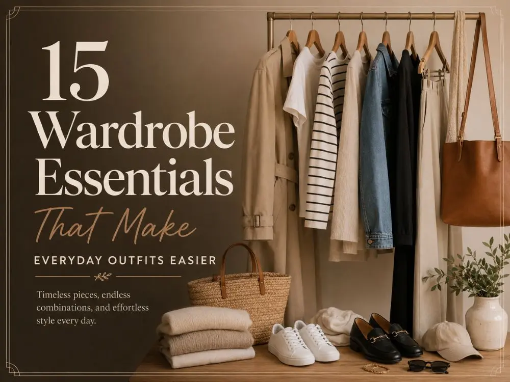 15-wardrobe-essentials-that-make-everyday-outfits-easier-feature.webp Neutral wardrobe essentials including classic clothing, white sneakers, tote bag, knitwear, and denim jacket arranged for everyday outfit inspiration.