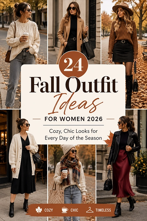 24 fall outfit ideas for women 2026 featuring cozy sweaters, trench coats, knit dresses, scarves, boots, and chic casual autumn fashion inspiration
