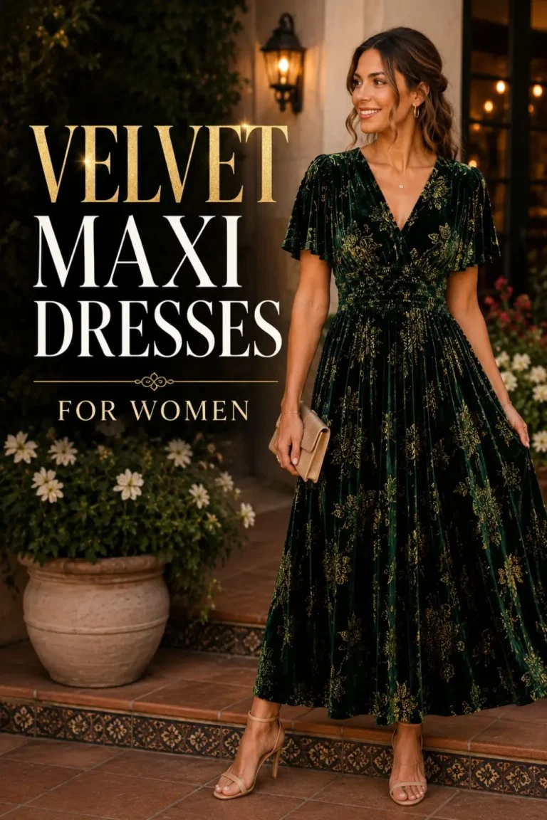 Featured image showing a woman wearing a green floral velvet burnout maxi dress with the title "Velvet Maxi Dresses for Women."