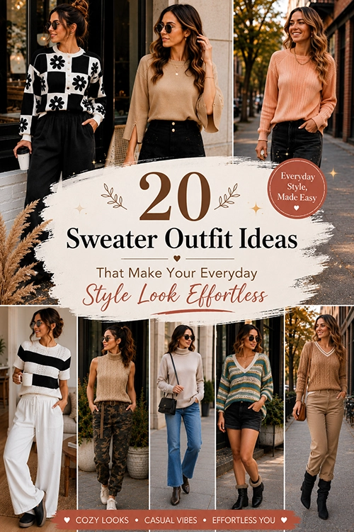 25 sweater outfit ideas for effortless everyday style, featuring cozy sweaters styled with jeans, skirts, trousers, and casual footwear.