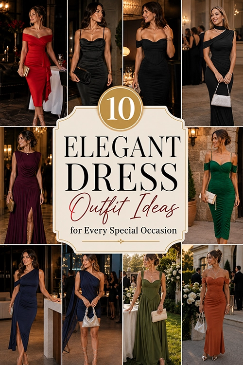 Collage of elegant dress outfit ideas for weddings, cocktail parties, date nights, gala events, and other special occasions.