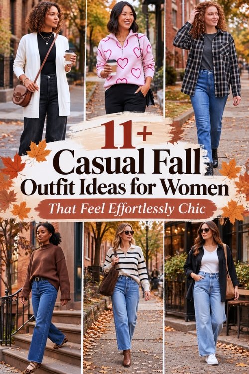 11+ casual fall outfit ideas for women featuring cozy sweaters, cardigans, denim, plaid layers, boots, sneakers, and autumn street style