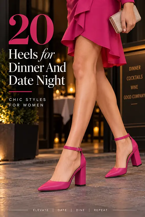 20 heels for dinner and date night featuring chic pink pointed-toe block heels styled for an elegant evening look