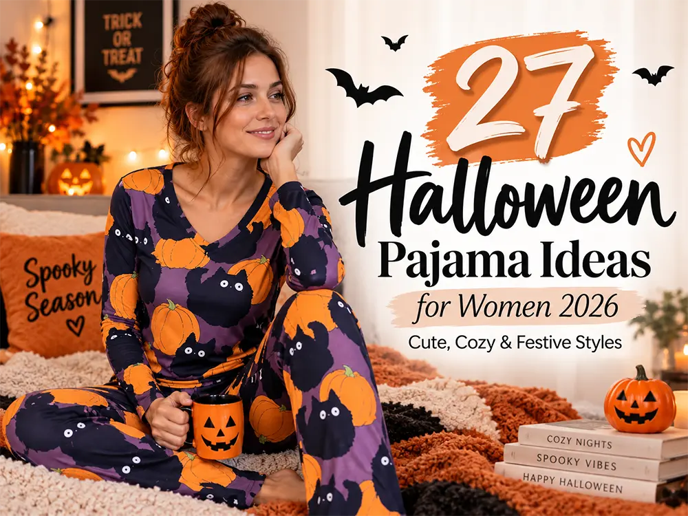 27 Halloween pajama ideas for women featuring a cozy pumpkin and black cat pajama set in a warm Halloween-decorated bedroom.