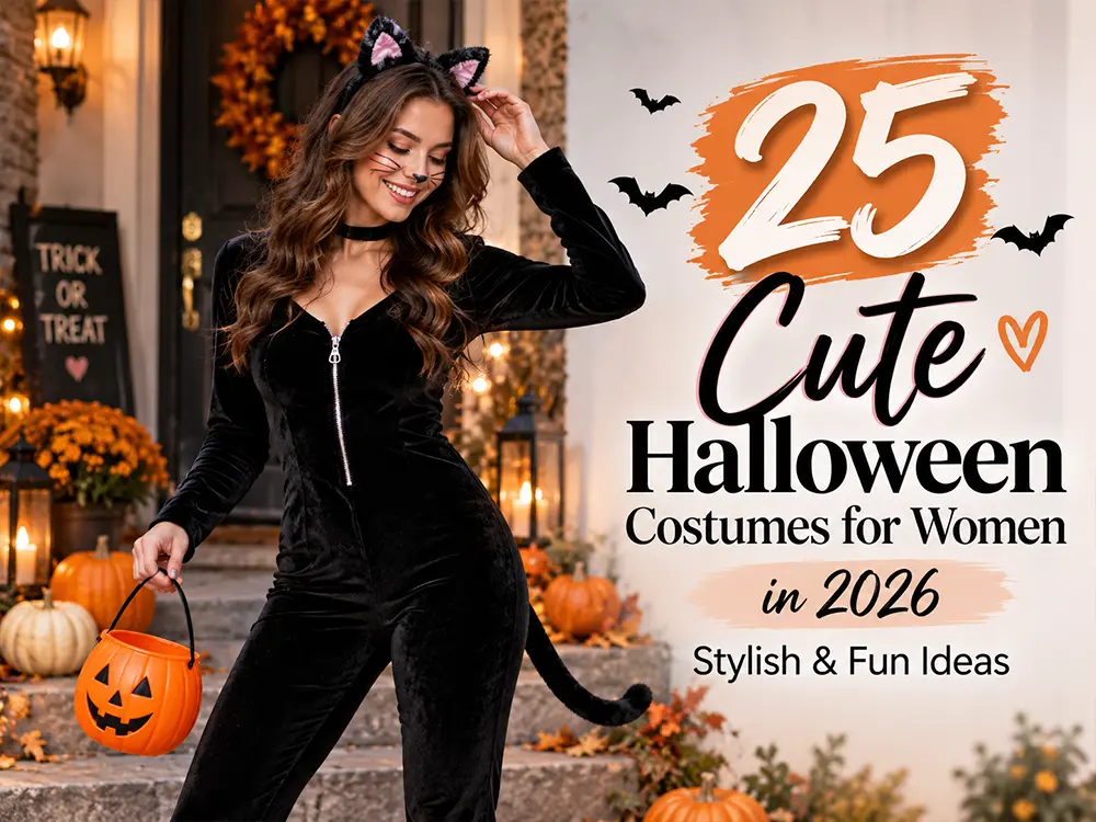 25 cute Halloween costumes for women in 2026 featuring a stylish black cat costume with a pumpkin bucket on a festive porch.